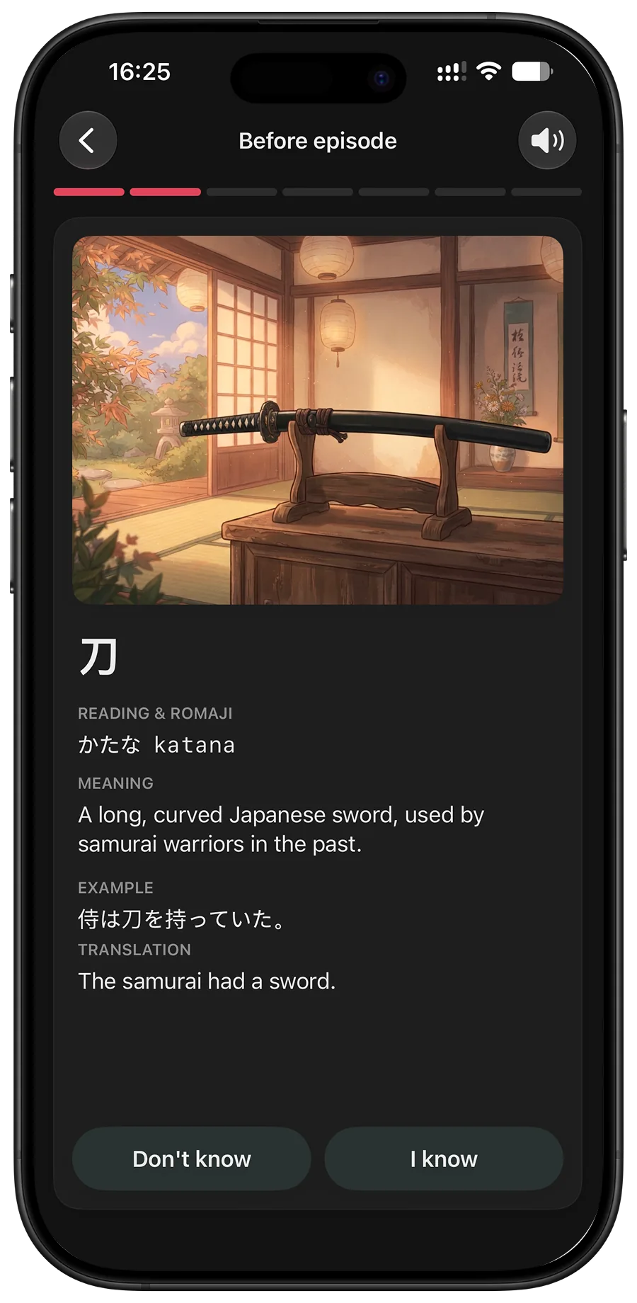 Flashcard for 刀 with kana reading, Hepburn romaji, meaning, an example sentence and a hand-drawn illustration.